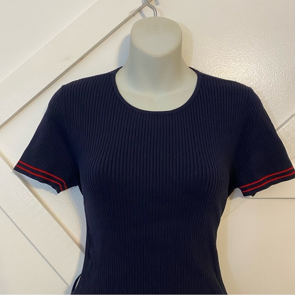 Parker Ruthie Rib Knit Short Sleeve Striped Side Cutout Mini Dress Navy Sz M - Picture 5 of 12